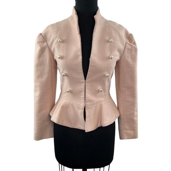 ZARA Nude Pink Velvet Peplum Pearl Jacket Cotton Cropped Mock Neck XS BLOGGER - Picture 1 of 11